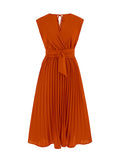 themeisles Tied Waist Solid Color Pleated Sleeveless V-Neck Midi Dresses