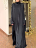 themeisles Solid Color Loose Long Sleeves High-neck Maxi Dresses