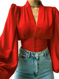 themeisles Spring New Solid Color Slim Temperament Long-sleeved Button V Collar Urban Trend Set Head Lantern Sleeve Blouse Shirt