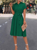 themeisles Tied Waist Solid Color Buttoned Short Sleeves High Waisted Lapel Collar Shirt Dress Midi Dresses