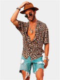 themeisles Men's Shirt Leopard Graphic Prints Turndown Brown Street Casual Short Sleeve Button-Down Print Clothing Apparel Sports Fashion Streetwear Designer