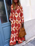 themeisles Summer New Fashion Geometric Pattern Printing V-neck Temperament Commuter Long Section Long-sleeved Lazy Wind Dress Female