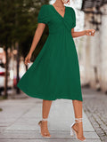 themeisles Split-Joint Solid Color Pleated Knot Elasticity Short Sleeves Puff Sleeves V-neck Midi Dresses