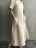 themeisles Ramie Cotton Solid Color Plus Size V-Neck Casual Dress