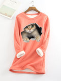 themeisles Women's Sweatshirt Pullover Sherpa Fleece Teddy Denim Blue Green Black Cat Street Round Neck Long Sleeve S M L XL 2XL 3XL