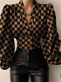 themeisles Spring New Solid Color Slim Temperament Long-sleeved Button V Collar Urban Trend Set Head Lantern Sleeve Blouse Shirt
