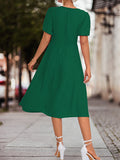 themeisles Split-Joint Solid Color Pleated Knot Elasticity Short Sleeves Puff Sleeves V-neck Midi Dresses