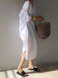 themeisles Casual Half Sleeves Loose Pleated Solid Color V-Neck Midi Dresses