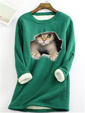 themeisles Women's Sweatshirt Pullover Sherpa Fleece Teddy Denim Blue Green Black Cat Street Round Neck Long Sleeve S M L XL 2XL 3XL