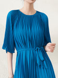themeisles Loose Pleated With Waistband Solid Color Round-Neck Maxi Dresses