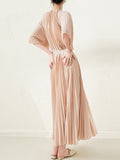 themeisles Loose Pleated With Waistband Solid Color Round-Neck Maxi Dresses