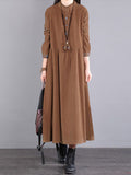themeisles Vintage Corduroy Long Sleeves A-Line Embroidered Solid Round-Neck Midi Dresses