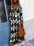 themeisles Summer New Fashion Geometric Pattern Printing V-neck Temperament Commuter Long Section Long-sleeved Lazy Wind Dress Female