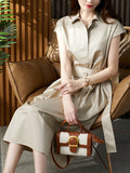 themeisles Solid Color Bandage Short Sleeves Plus Size Lapel Midi Dresses