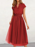 themeisles Solid Color Short Sleeves Loose V-Neck Midi Dresses