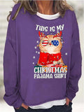 themeisles Women's Sweatshirt Pullover Colorful Christmas Cat Wine Glass Printed Garden Neck Printed Sweatshirt