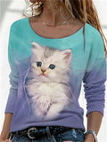 themeisles White Cat Print Pattern Round Neck Long Sleeve T-shirt Tops Green Gray Red Blue Pink