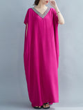 themeisles Casual Artistic Retro Striped V-Neck Short Sleeves Maxi Dress