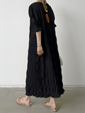 themeisles Solid Color Pleated Loose Half Sleeves Round-Neck Midi Dresses
