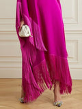 themeisles Batwing Sleeves Loose Solid Color Split-Joint Tasseled High Neck Evening Dresses Maxi Dresses
