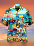 themeisles Men's Shirt Summer Hawaiian Shirt Graphic Prints Hippie Bus Turndown Light Yellow Blue-Green Black Light Green Purple Casual Hawaiian Short Sleeve Button-Down Print Clothing Apparel Tropical Fashion