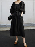 themeisles Original Casual Loose Solid Color Pleated Puff Sleeves Midi Dress