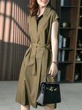 themeisles Solid Color Bandage Short Sleeves Plus Size Lapel Midi Dresses