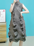 themeisles Casual Sleeveless Irregularity Pleated Solid Color Stand Collar Midi Dresses