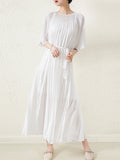 themeisles Loose Pleated With Waistband Solid Color Round-Neck Maxi Dresses