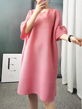 themeisles Stylish Selection Flared Sleeves A-Line Pleated Solid Color Round-Neck Midi Dresses