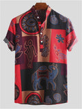 themeisles Summer Men's Short Sleeve Printed Shirt Polo Shirt Loose Standing Collar Button Up Blouse Shirt