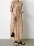 themeisles Solid Color Pleated Loose Half Sleeves Round-Neck Midi Dresses