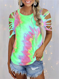themeisles Summer New Round Neck Women's Tie-dye Print Short-sleeved Strapless Sexy Casual Pullover T-shirt Loose Type Top