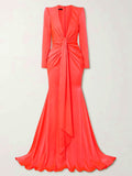themeisles Long Sleeves Skinny Solid Color Tasseled Zipper V-Neck Maxi Evening Dresses
