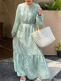 themeisles Tied Waist Split-Joint Solid Color Pleated Flower Print Puff Sleeves Loose Round-Neck Maxi Dresses