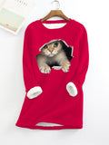 themeisles Women's Sweatshirt Pullover Sherpa Fleece Teddy Denim Blue Green Black Cat Street Round Neck Long Sleeve S M L XL 2XL 3XL