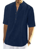 themeisles Men's Comfortable Casual Linen Shirt Medium Sleeve Men's Solid Color Tops S M L XL 2XL