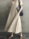 themeisles Ramie Cotton Solid Color Plus Size V-Neck Casual Dress