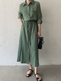 themeisles Casual A-Line Long Sleeves Bandage Solid Color Lapel Collar Shirt Midi Dresses