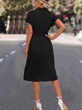 themeisles Tied Waist Solid Color Buttoned Short Sleeves High Waisted Lapel Collar Shirt Dress Midi Dresses