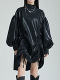 themeisles Solid Color Pleated Drawstring Puff Sleeves Loose Stand Collar Mini Dresses