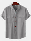 themeisles Summer New Men's Linen Short-sleeved Shirt Men's Square Collar Casual Cotton Linen Shirt Hemp Material Pure Color Half-sleeved Blouse