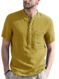 themeisles Stand Collar Short-sleeved Linen Shirt Sleeve Breathable Casual Linen Soft Slim Fit Men
