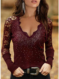 themeisles Women's T shirt Tee Blue Wine Black Plain Lace Cut Out Long Sleeve Casual Daily Sexy V Neck Regular