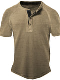 themeisles Men's T-shirt Summer Men's Outdoor Casual Waffle Button Henry Loose Type Collarless Short-sleeved Sports Pullover Undershirt Solid Color T-shirt