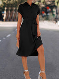 themeisles Tied Waist Solid Color Buttoned Short Sleeves High Waisted Lapel Collar Shirt Dress Midi Dresses