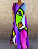 themeisles Retro Portrait Cat V-neck Multicolor Four-sided Elastic Dress