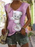 themeisles Women's T-shirt Cat Print Sleeveless Casual Everyday Basic V-neck Green Pink Purple White