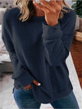 themeisles Women's Solid Color Women's Commuter Tops Loose Casual Splicing Round Neck Long Sleeve T-shirt S-5XL
