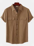themeisles Summer New Men's Linen Short-sleeved Shirt Men's Square Collar Casual Cotton Linen Shirt Hemp Material Pure Color Half-sleeved Blouse